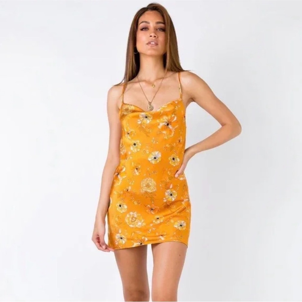 Princess Polly Yellow Floral Satin SlipDress Cowl Neck Mini Summer SunDress Sz 6